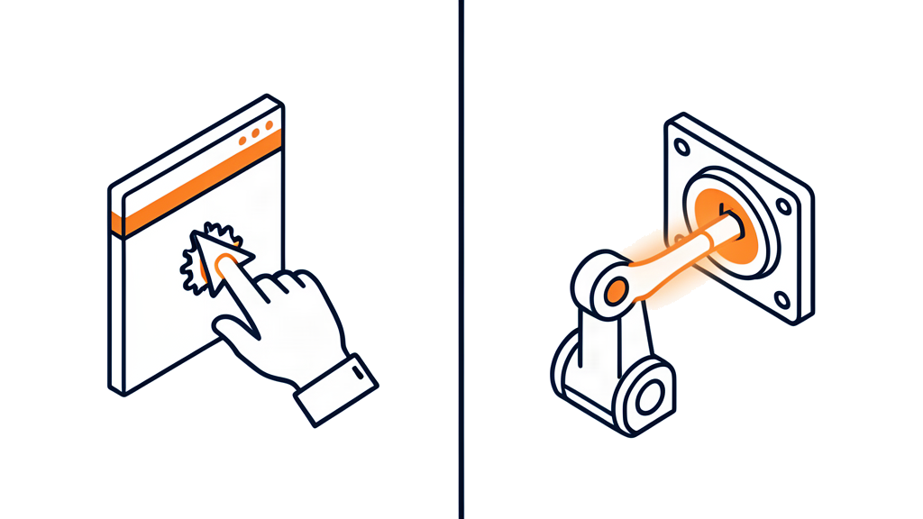 A human hand clicking a browser cursor on the left, a robotic connector plugging directly into a socket on the right